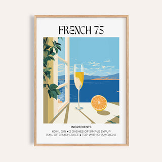 Bar Artistique framed print of French 75 cocktail with blue sea and lemon slice detail