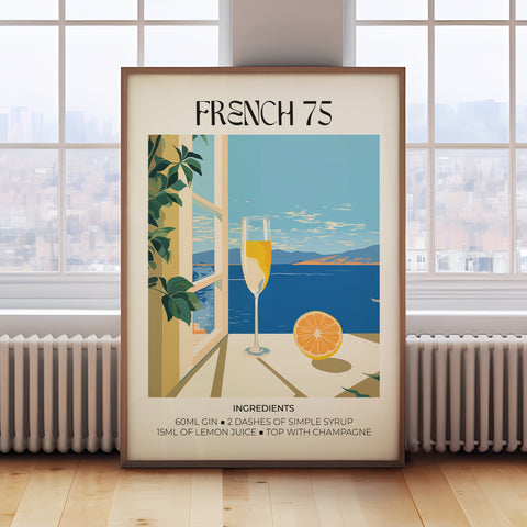 Matisse French 75 cocktail art print with champagne glass and citrus.