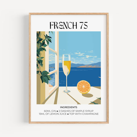 Matisse French 75 cocktail art print with champagne glass and citrus.