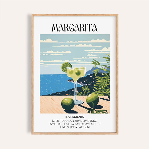 Coastal-inspired decor for bar featuring Margarita cocktail poster