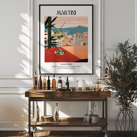 Elegant Martini art poster with coastal backdrop and bold colours
