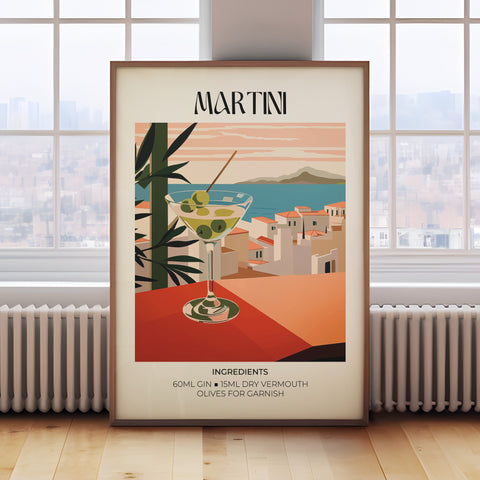 Matisse Martini cocktail art print with coastal scene and green olives