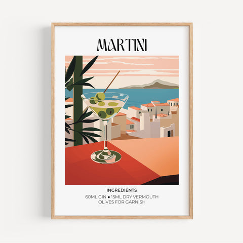 Matisse Martini cocktail art print with coastal scene and green olives