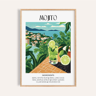 Framed Cocktail Print of a mojito glass with lime and mint in a colourful landscape