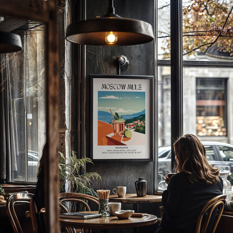 Matisse-inspired Moscow Mule cocktail art poster with vintage bar sign style