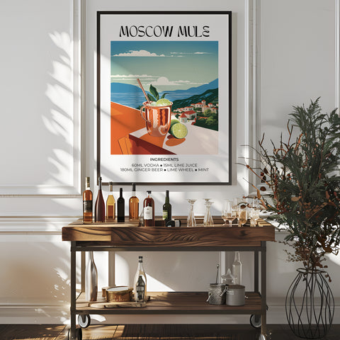 Bold and colourful Moscow Mule cocktail poster for home decor
