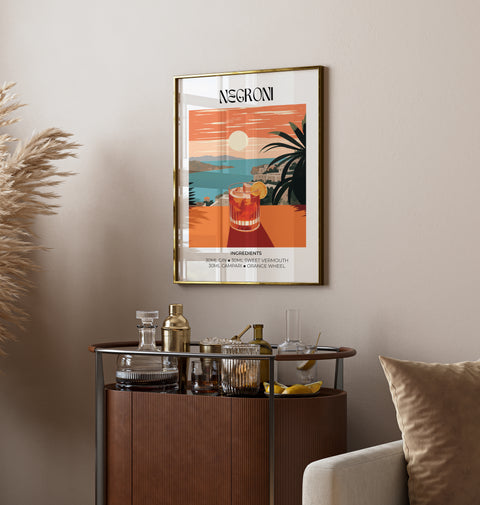 Contemporary Negroni cocktail wall art with bold, vibrant palette
