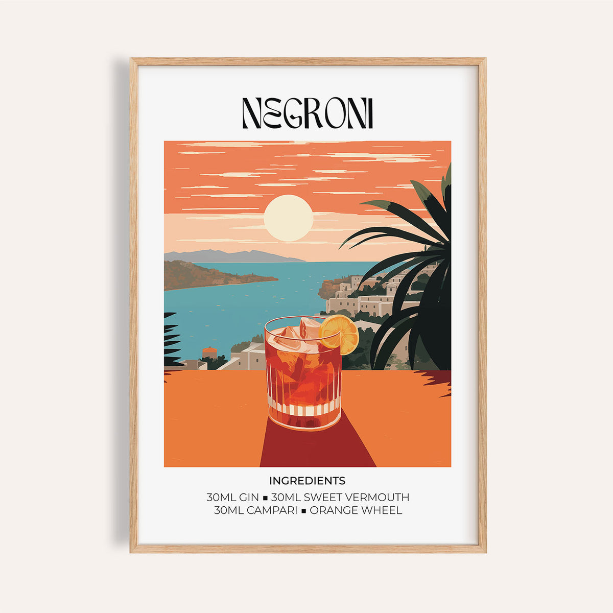 Vintage Bar Artwork featuring a bold Negroni cocktail print