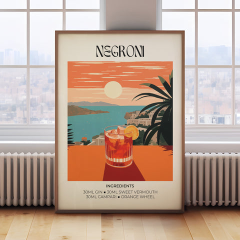 Negroni poster with vibrant sunset hues and Matisse-inspired cocktail art.