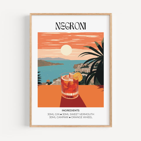 Negroni poster with vibrant sunset hues and Matisse-inspired cocktail art.