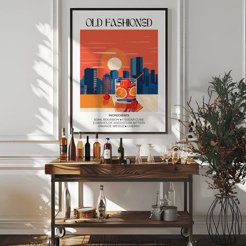 Modern art print of Old Fashioned cocktail with sunset cityscape
