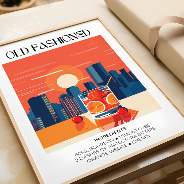 Unique vintage bar wall art featuring a classic whiskey cocktail