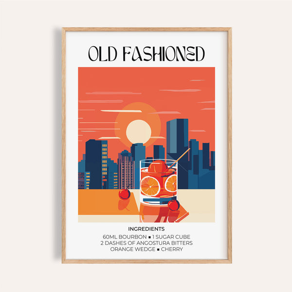Vintage bar wall art featuring an Old Fashioned cocktail print