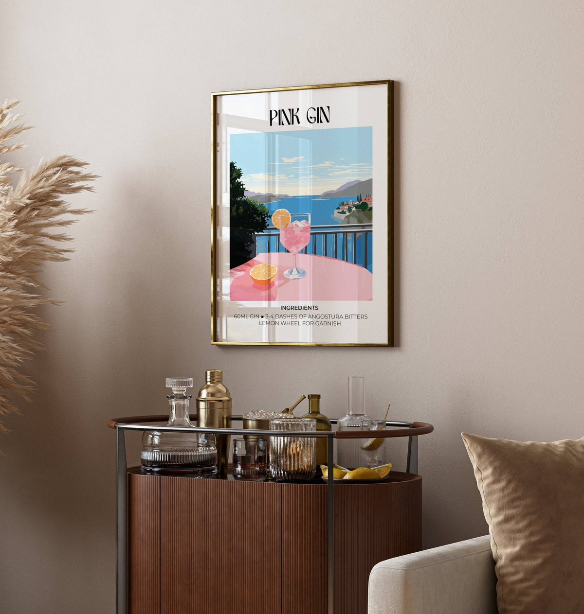 Premium matte finish bar cart art showcasing classic gin cocktail