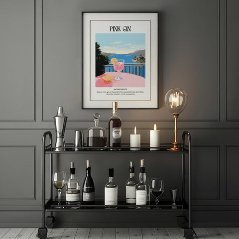 High-quality Pink Gin art print perfect for home bars and kitchens
