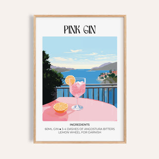 Framed print close-up of pink gin cocktail illustration with blue sky and lemon details