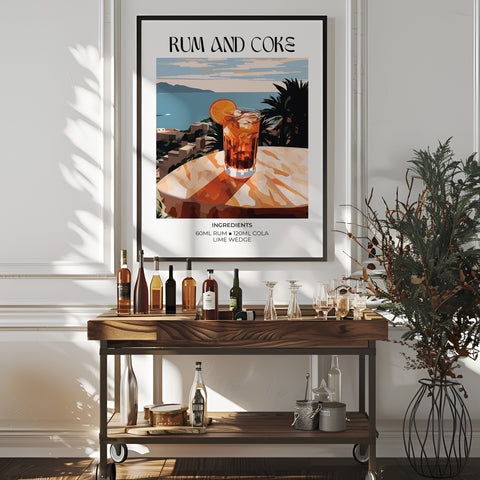 Bold and modern Rum and Coke cocktail print for home bar decor
