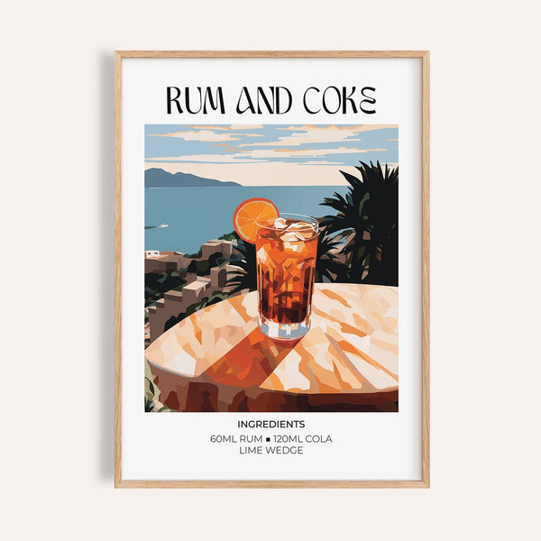Cocktail recipe poster featuring a rum and coke design