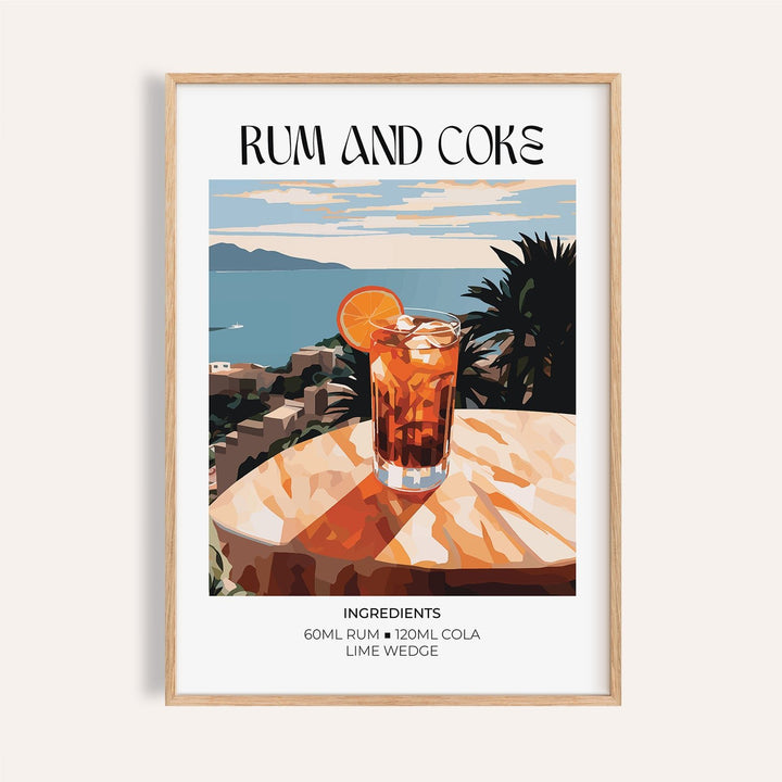 Cocktail recipe poster featuring a rum and coke design