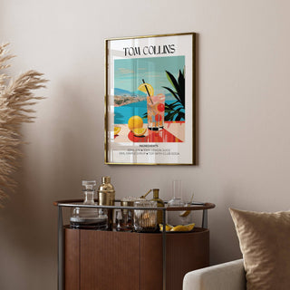 Colourful Tom Collins poster used as stylish artwork bar display