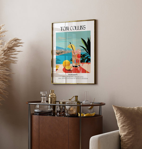 Colourful Tom Collins poster used as stylish artwork bar display