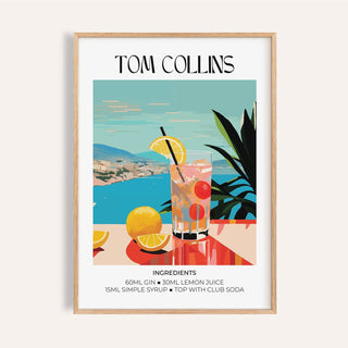 Artwork Bar framed print of a mid-century style Tom Collins cocktail with blue sea and lemon