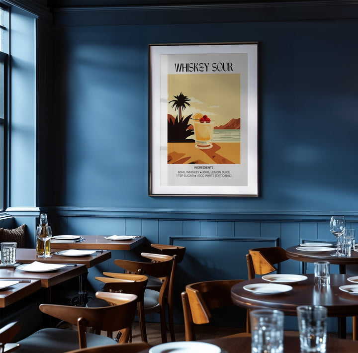 Framed Home Bar Art of a whiskey sour cocktail with warm beige tones in a dining room