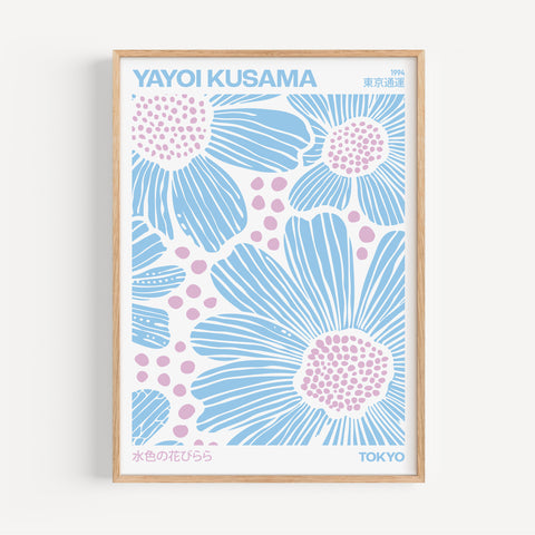 Yayoi Kusama Light Blue and Pink Wall Art Flower Print