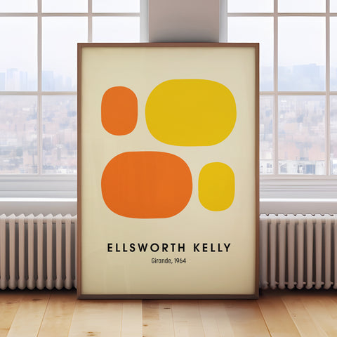 Bold geometric poster art with orange and yellow shapes for modern home decor