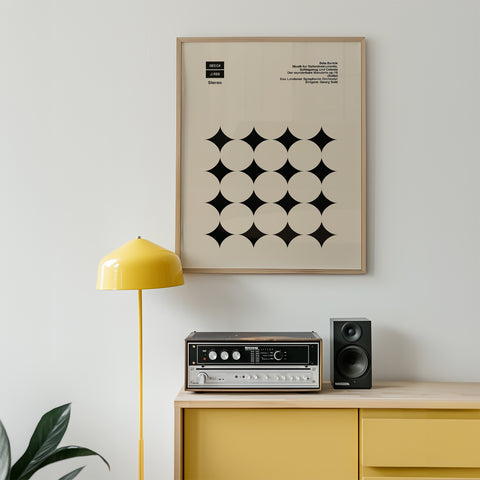 Béla Bartók-inspired modern geometric art with black stars on beige
