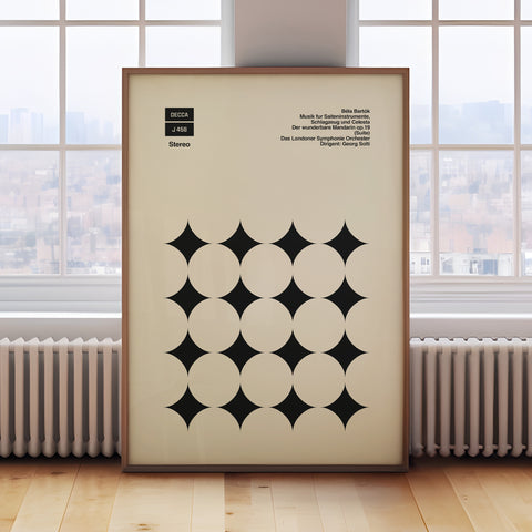 Minimalist Béla Bartók inspired modern art print with black stars and beige background