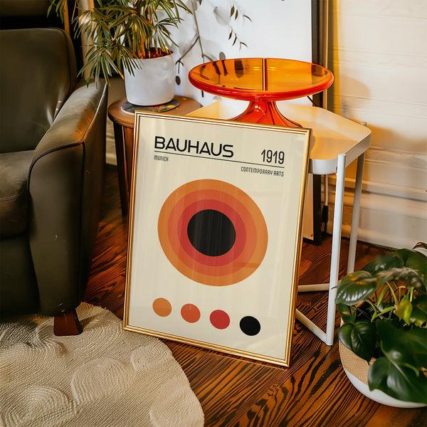 Balanced orange Bauhaus poster with mid-century modern influence


