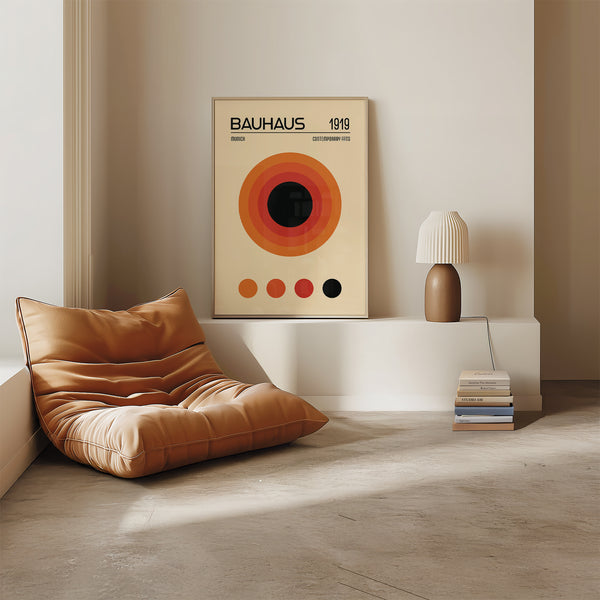 Circular form orange Bauhaus poster on cream background for gallery wall

