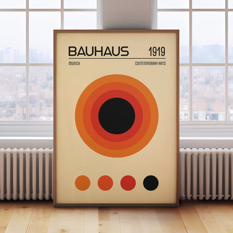 Bauhaus circular harmony art print with bold geometric design in red, orange, and black.