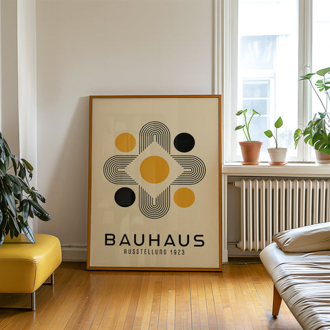 Bauhaus-inspired geometric poster with yellow and black circles
