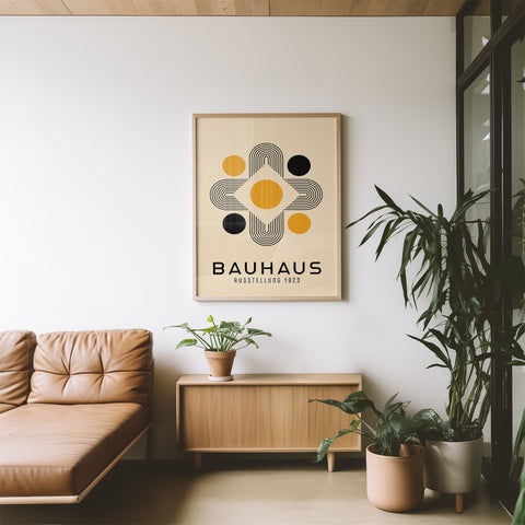 Bauhaus Golden Symmetry art print with intricate line patterns
