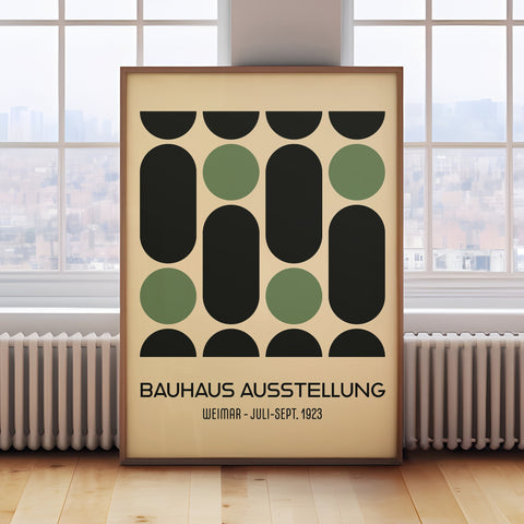 Bauhaus geometric wall art featuring green and black shapes inspired by modernist design