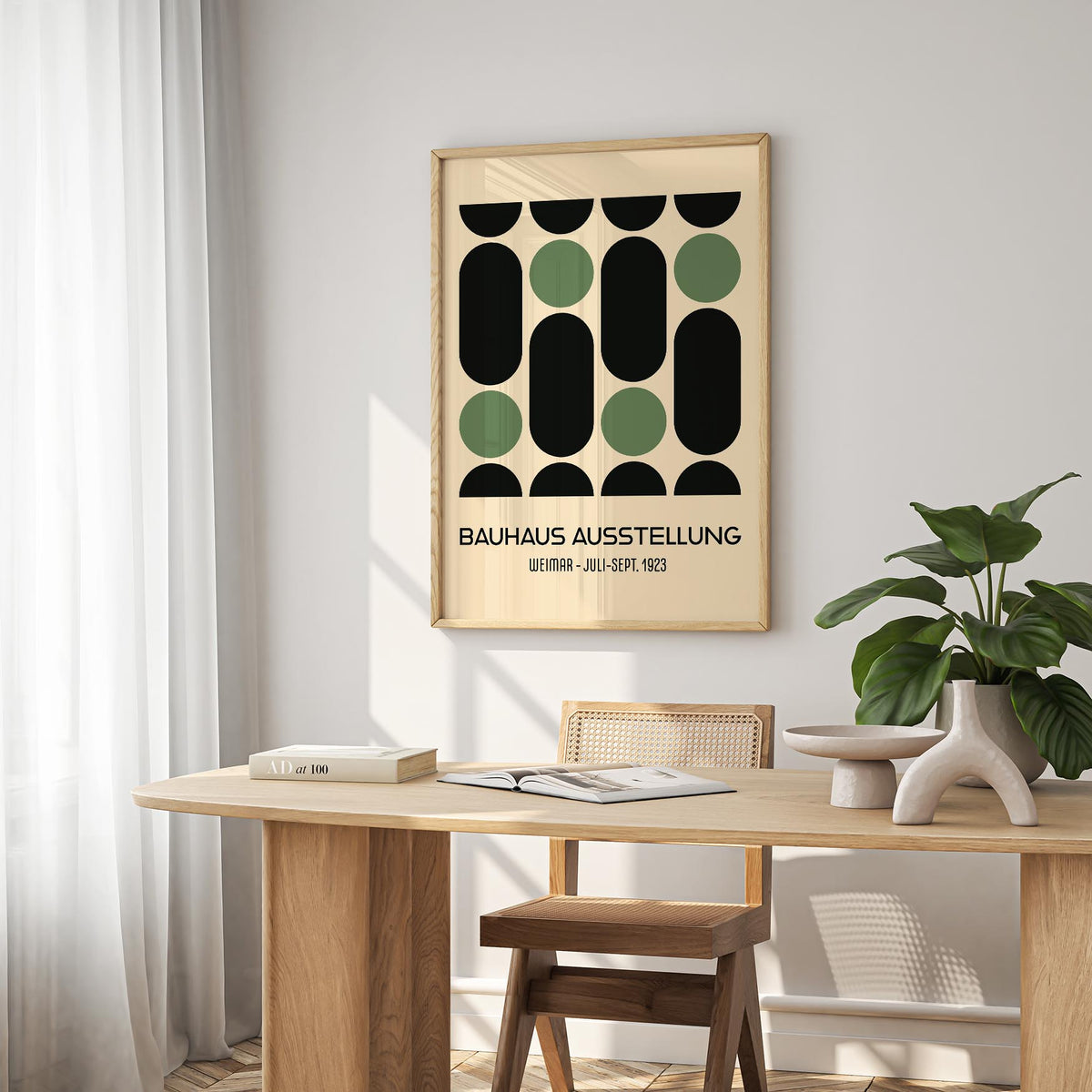 Minimalist Bauhaus wall art for office in green tones