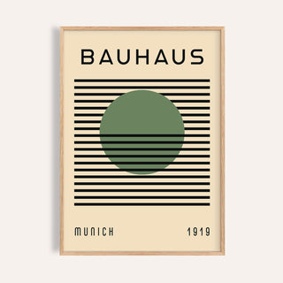 Bauhaus art poster featuring a bold green sphere and geometric lines