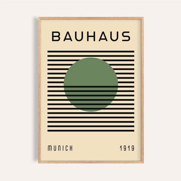 Bauhaus art poster featuring a bold green sphere and geometric lines