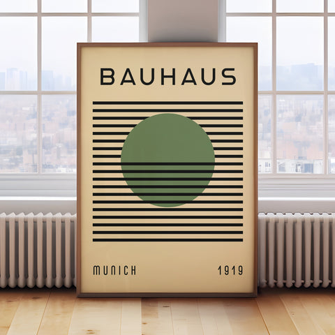 Green Sphere Bauhaus art poster featuring geometric design with bold black lines and a green circle