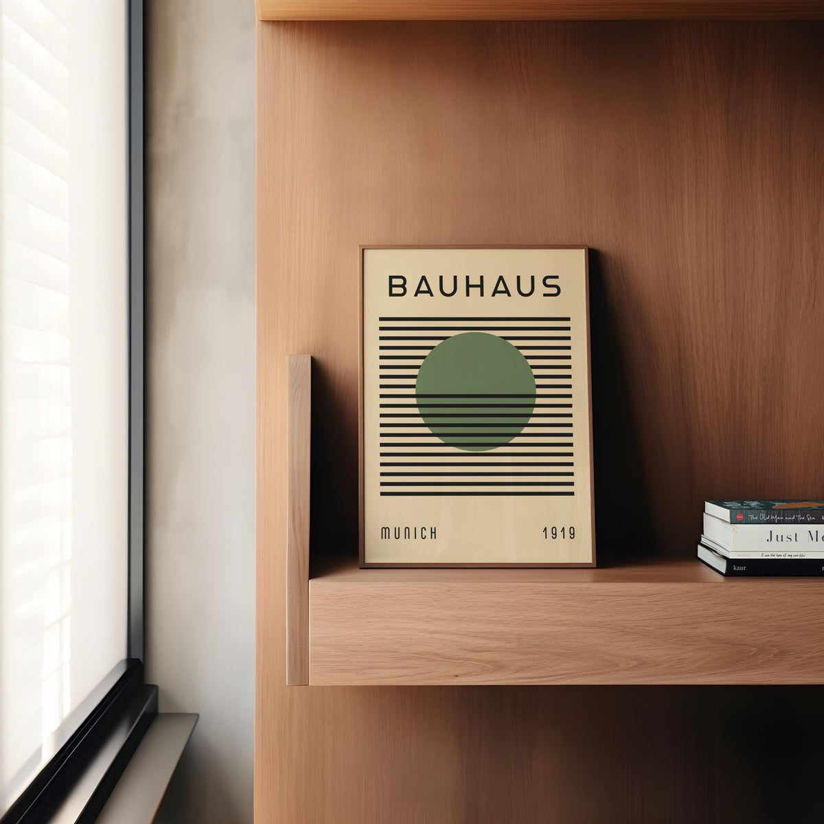 Modern Bauhaus Art Poster on Office wooden shelf display