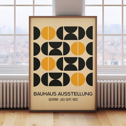 Bauhaus geometric harmony art print with bold yellow and black semi-circle design