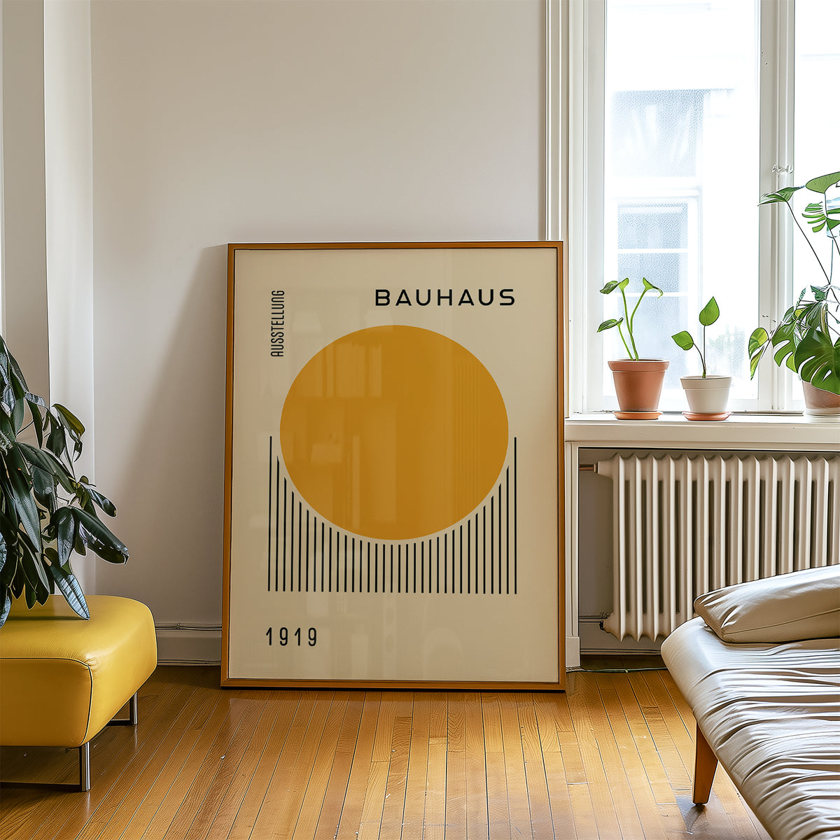 Yellow and Black artistic Bauhaus art prints featuring structured design