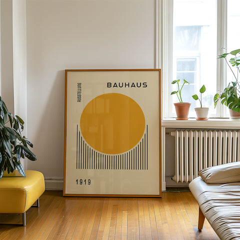 Geometric Bauhaus poster with bold yellow and black contrast
