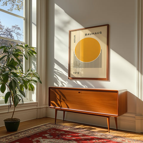 Bauhaus-inspired Golden Dawn art print for modern decor
