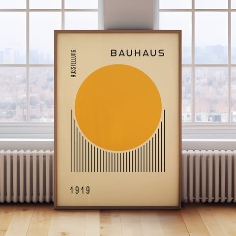 Bauhaus-inspired geometric poster with rising sun design
