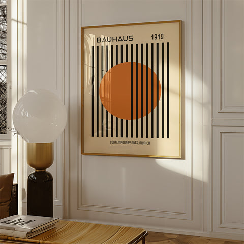 Geometric art print with Bauhaus-inspired orange circle and stripes
