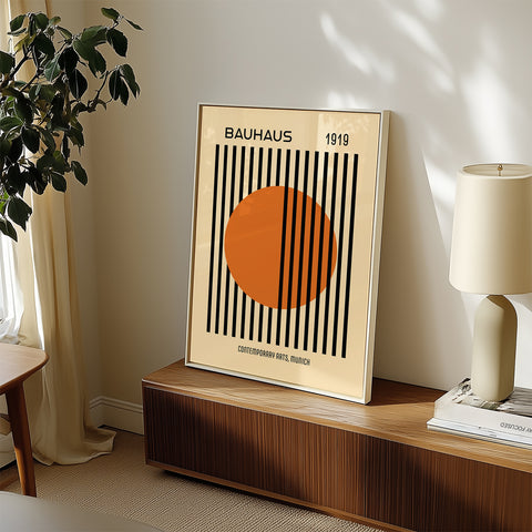 Bauhaus-inspired geometric artwork featuring an orange circle and black stripes
