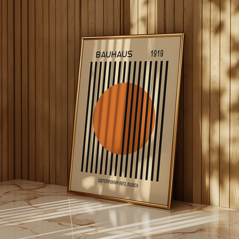 Bauhaus "Striped Sun" art for modern living room decor
